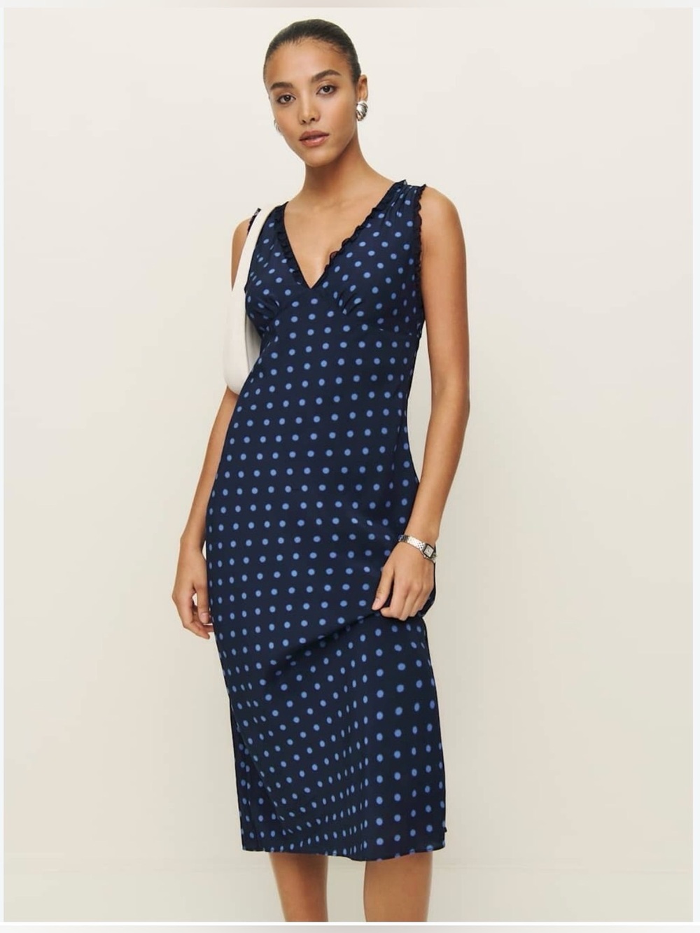 Reformation Reishi Blue Polka Dot Ruffle V-Neck Midi Maxi Dress Size 2